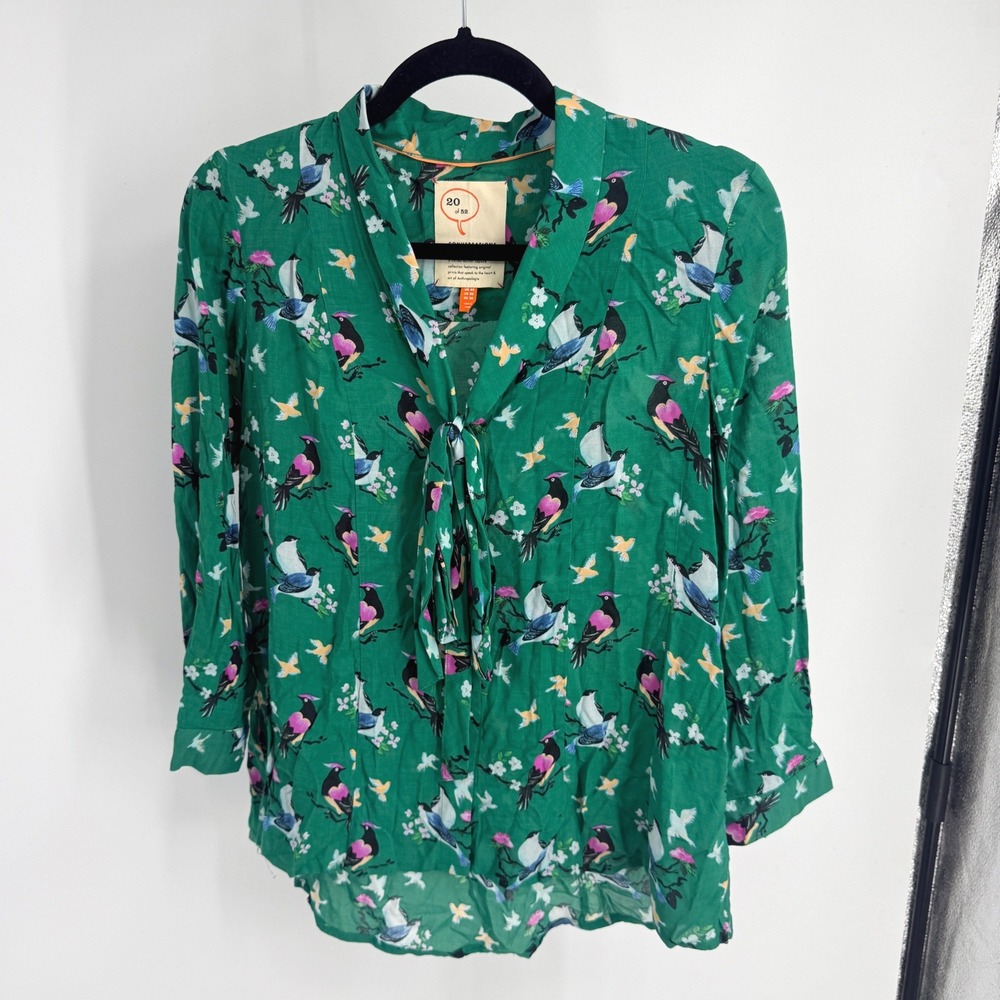 Anthropologie Conversations Bird Print Tie Neck Blouse Green US 00 20 of 52